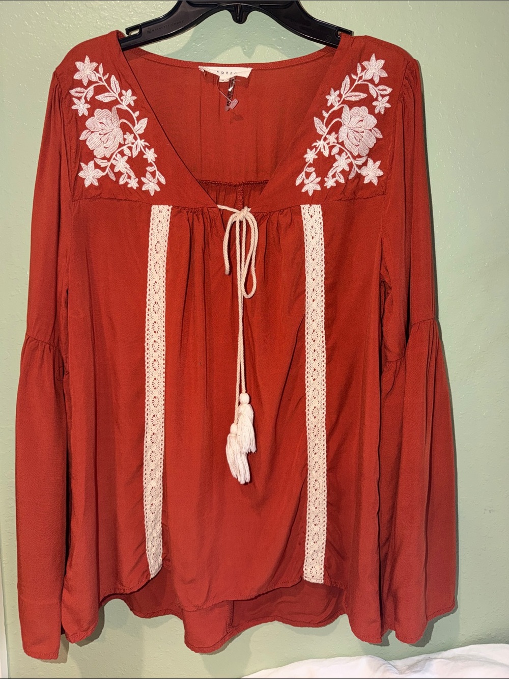 entro Rust Long-Sleeve Embroidered Peasant Tunic with Tassel Tie